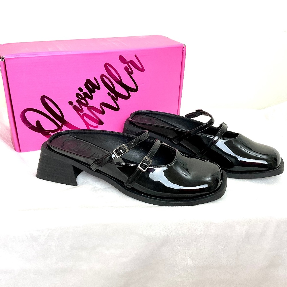 OLIVIA MILLER AQUARIUS BLACK PATENT LEATHER SQUARE TOE  MARY JANE SLIP ON SZ 8.5